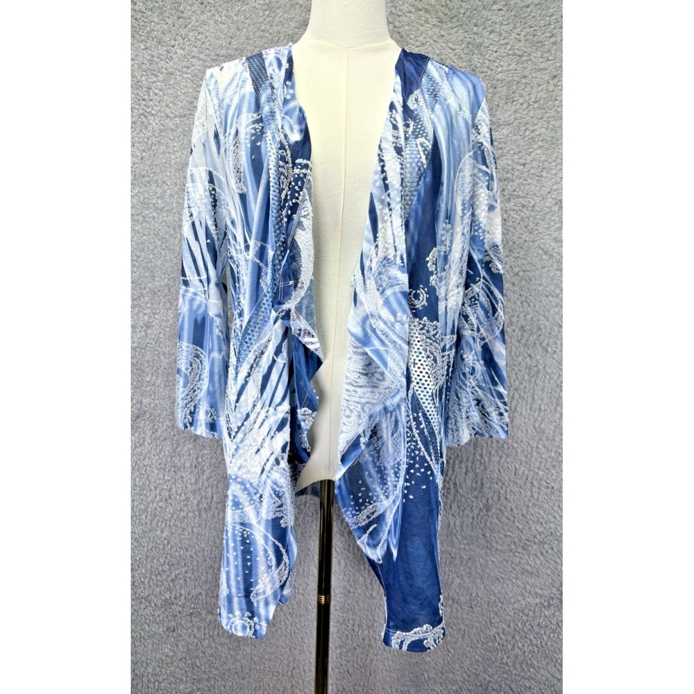 Ali Miles Women M Blue Abstract Open Front Cardigan Drape Lightweight 3/4 Slv